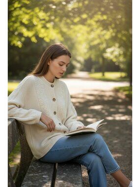 Vintage Bedford Fair Ivory Textured Knit Cardigan USA Made Cotton Size L